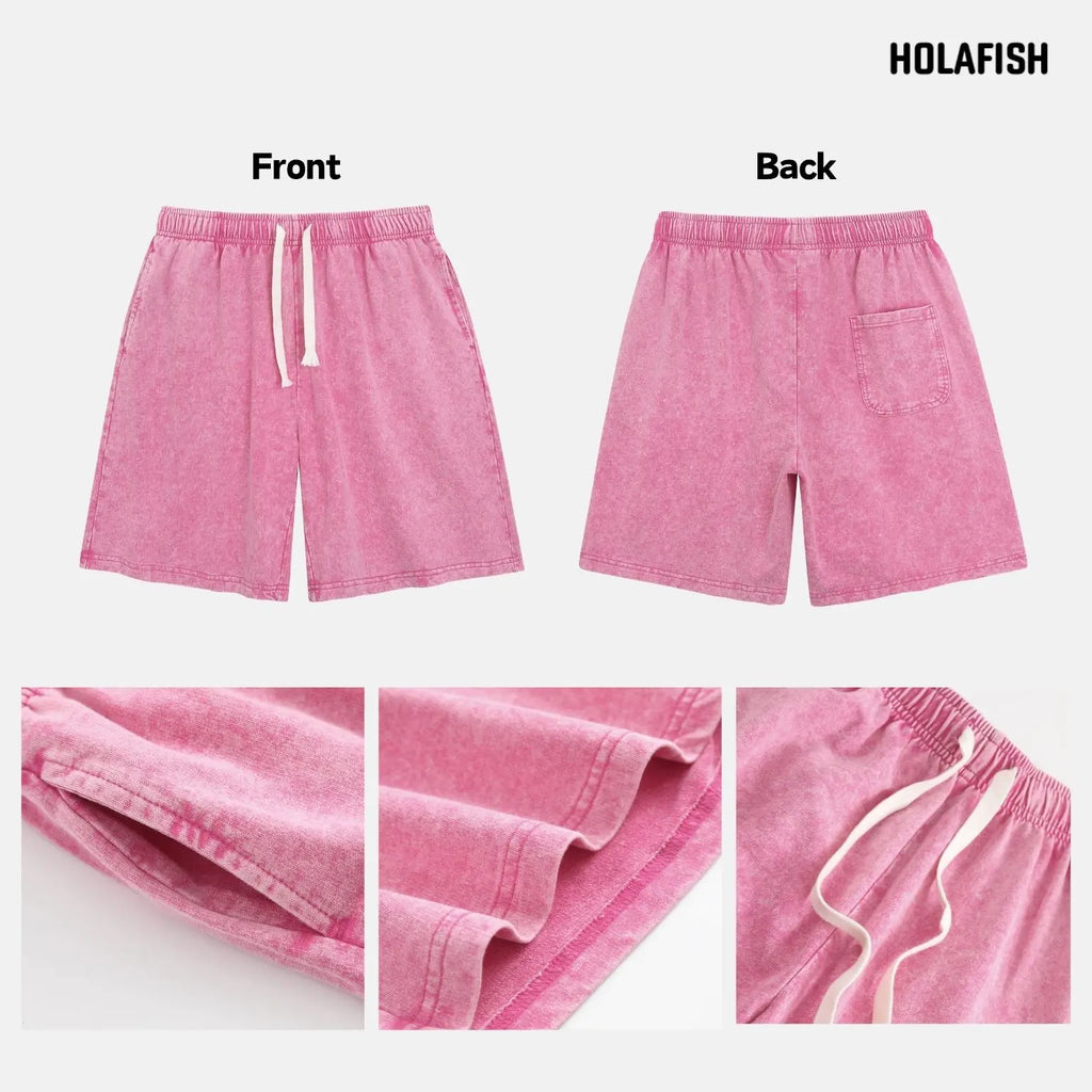 Holafish Summer Vintage Printed Acid Wash Sweat Shorts, Unisex Casual Streetwear Bottoms with Drawstring and Convenient Pockets Baggy Comfy