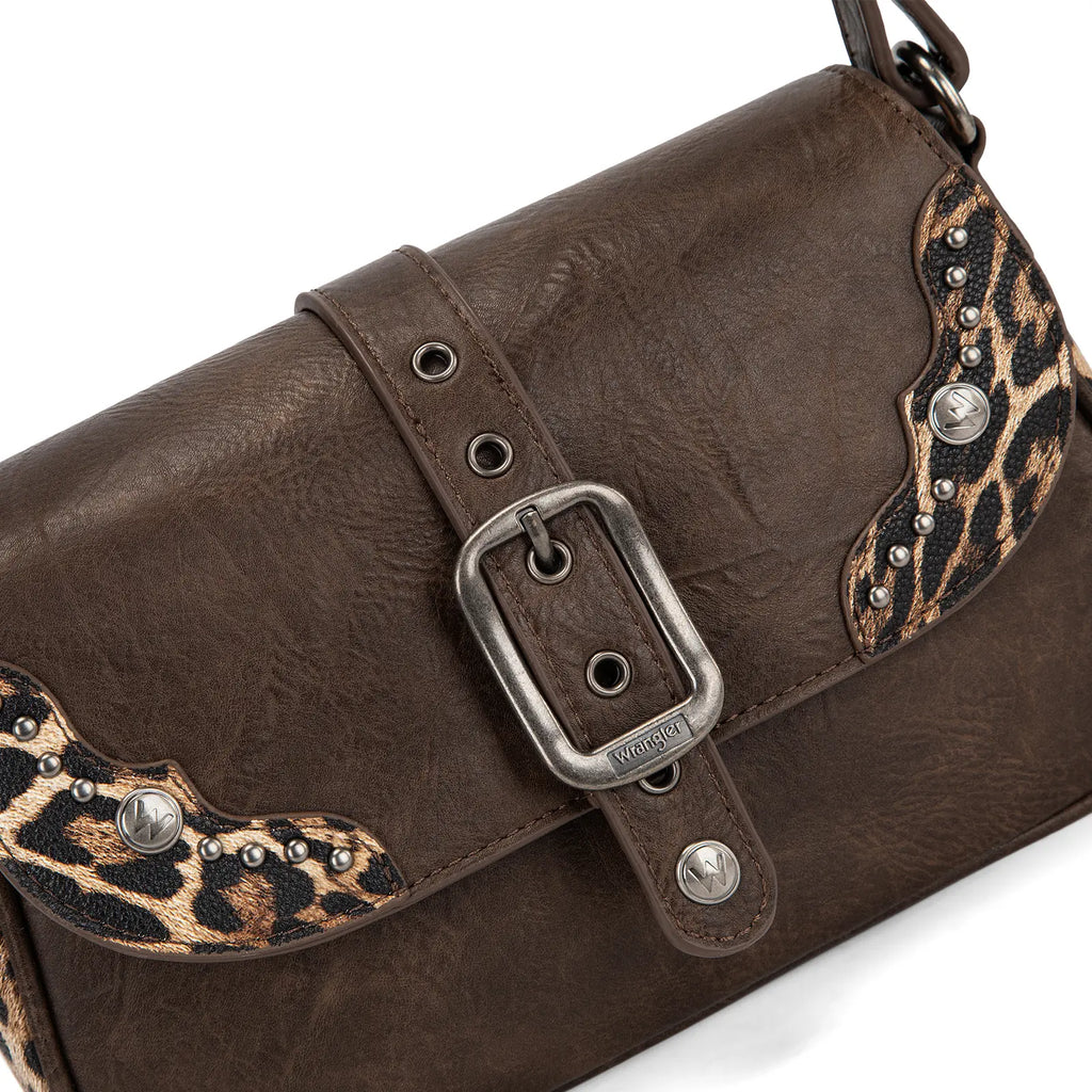 Wrangler Shoulder Bag for Women Leopard Hobo Purse Underarm Handbag with Buckle, Studs & Crossbody Strap