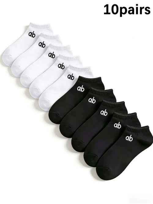 10 Pairs Unisex Letter Solid Color Ankle Socks, Comfortable Soft Breathable Casual Boat Socks for Spring Summer Daily Wear, Breathable Comfy Socks