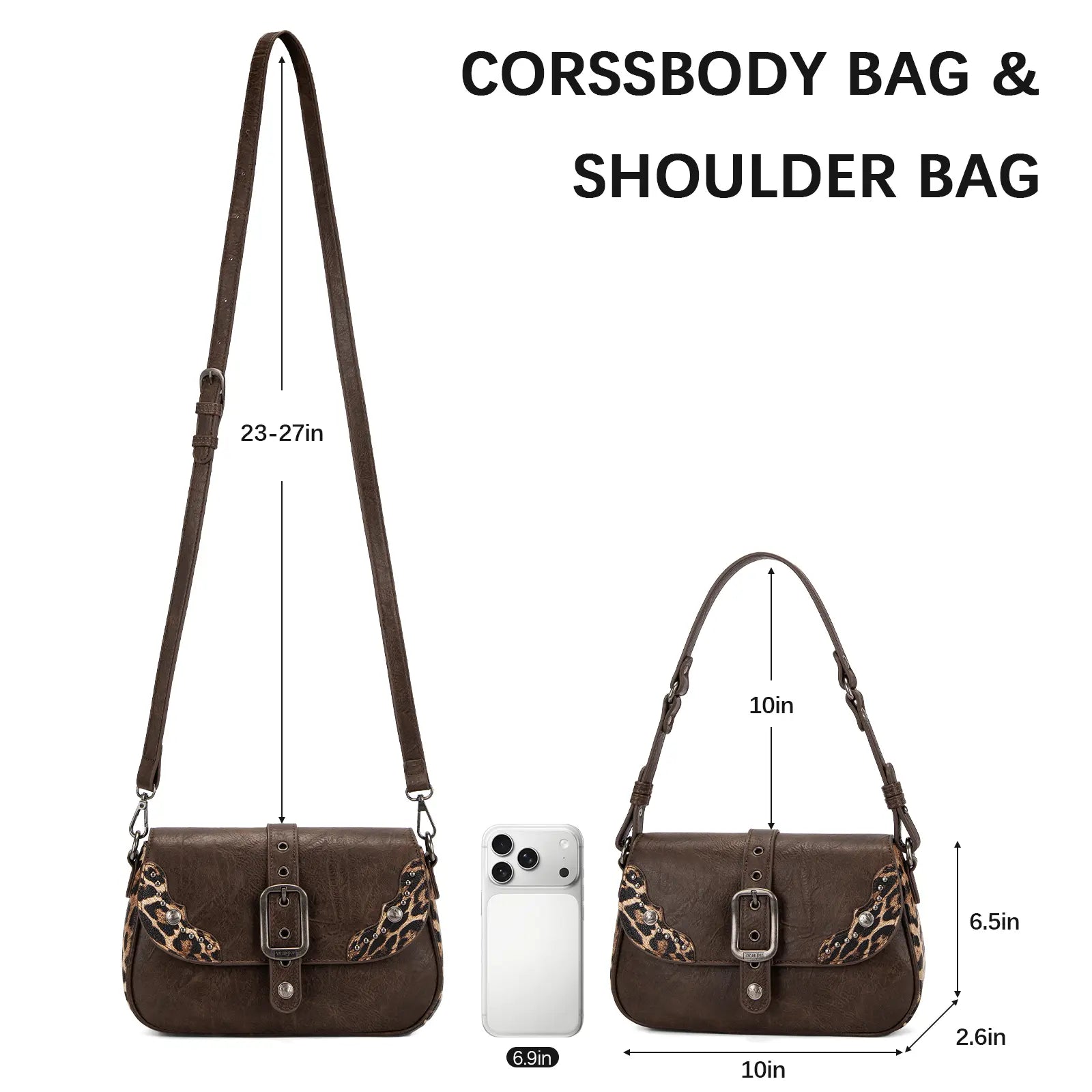 Wrangler Shoulder Bag for Women Leopard Hobo Purse Underarm Handbag with Buckle, Studs & Crossbody Strap