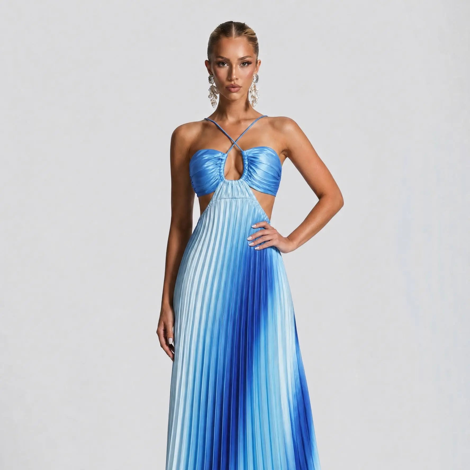 Likemychoice 2026 Halter Cutout Ombre Pleated Maxi Dress - Satin Party Vacation Gown