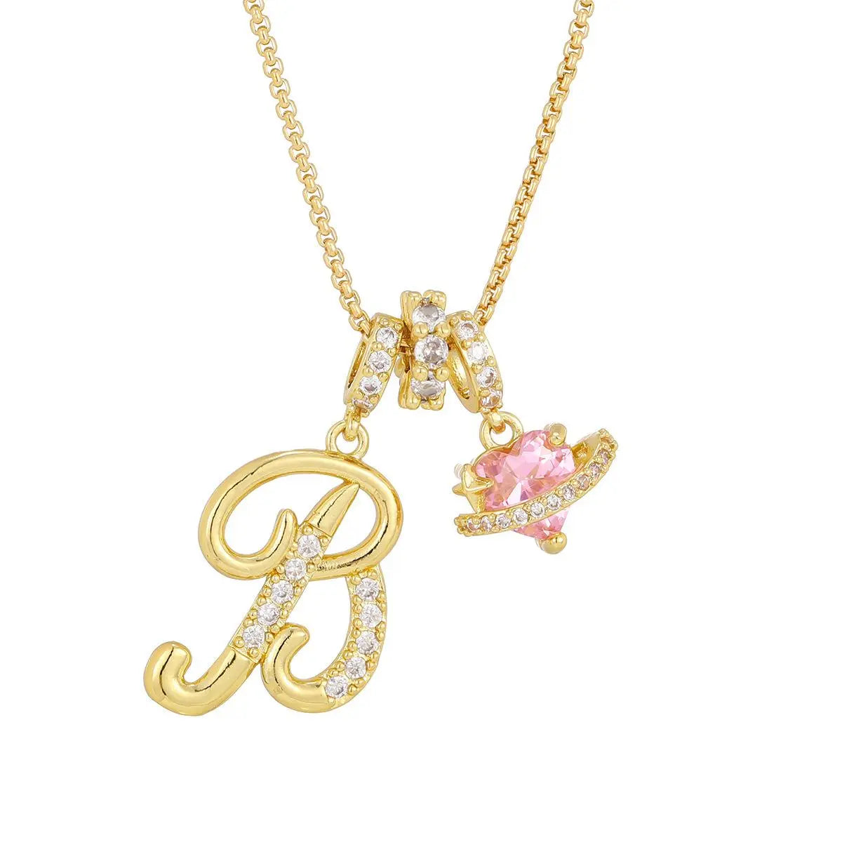 DH Initial Heart Necklace for Women Pink Cubic Pendant Letter Diamond Plated Fashion Jewelry Gift for Holiday Christmas Birthdays Anniversaries Elegant Design High Sense Aesthetic