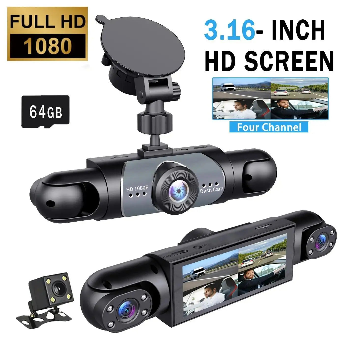 4 Channel Car Dash Cam,1080P Car DVR with 64GB Memory Card,Plug and Play Need Charge Car Video Surveillance with Night Vision 24/7Parking Mode Car DVR Hd Screen Front Rear Left and Right Dashcam Camera Wifi 3-Lens Dash Cam with Night Vision