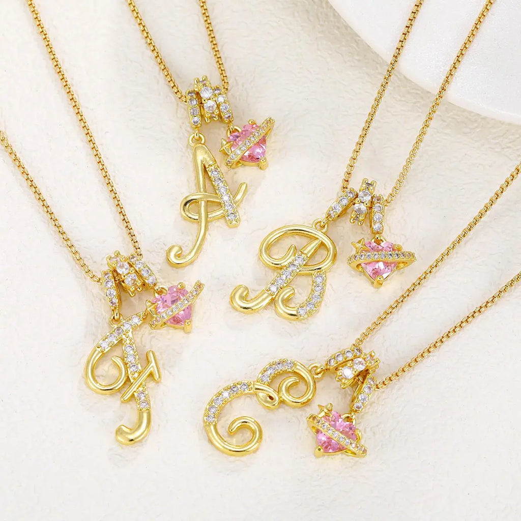DH Initial Heart Necklace for Women Pink Cubic Pendant Letter Diamond Plated Fashion Jewelry Gift for Holiday Christmas Birthdays Anniversaries Elegant Design High Sense Aesthetic