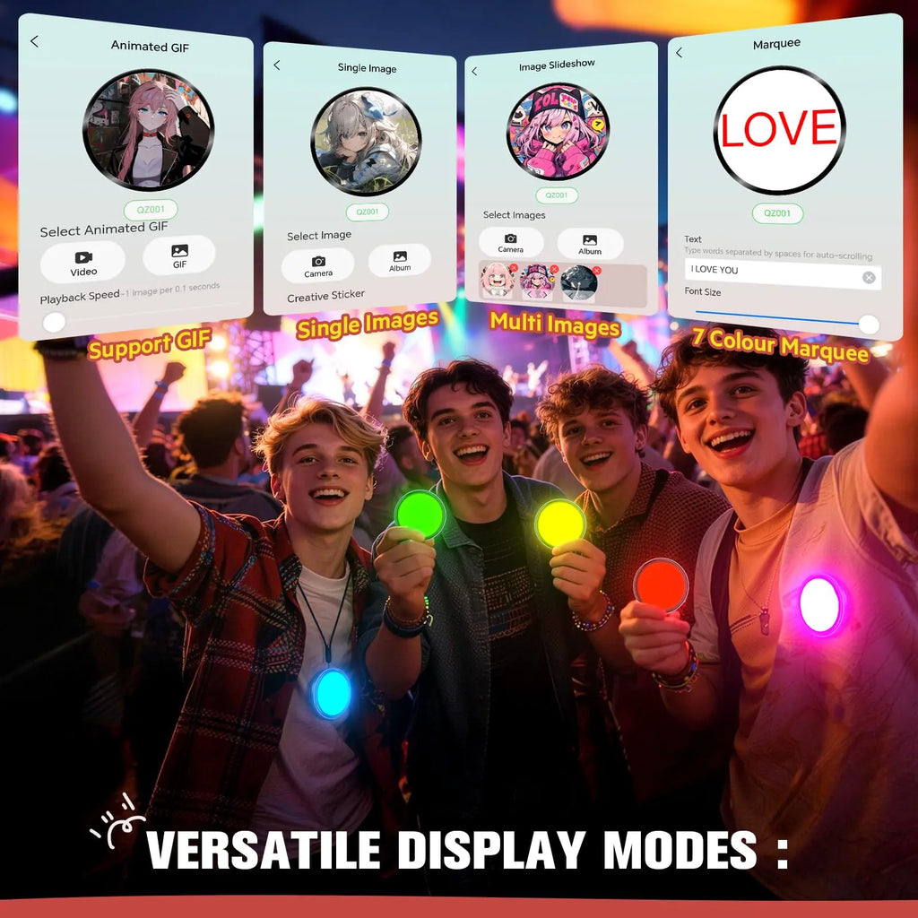 Digital Anime Badge, 1.85-Inch Retina HD Touchscreen, 360×360 Resolution, Peer-To-Peer Wireless Sharing, Customizable Gif/Video Display, Electronic Pin for Anime Conventions, Concerts, Sports Games, Holiday Gifts