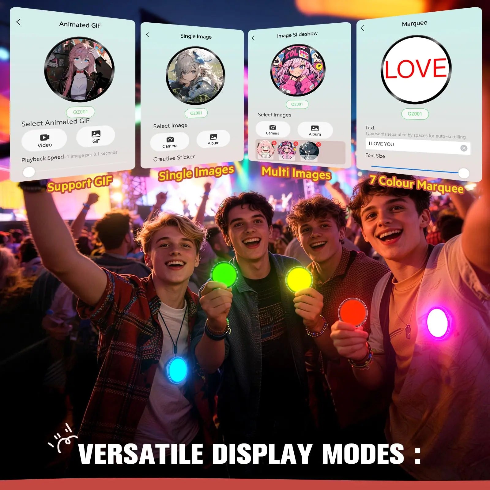 Digital Anime Badge, 1.85-Inch Retina HD Touchscreen, 360×360 Resolution, Peer-To-Peer Wireless Sharing, Customizable Gif/Video Display, Electronic Pin for Anime Conventions, Concerts, Sports Games, Holiday Gifts