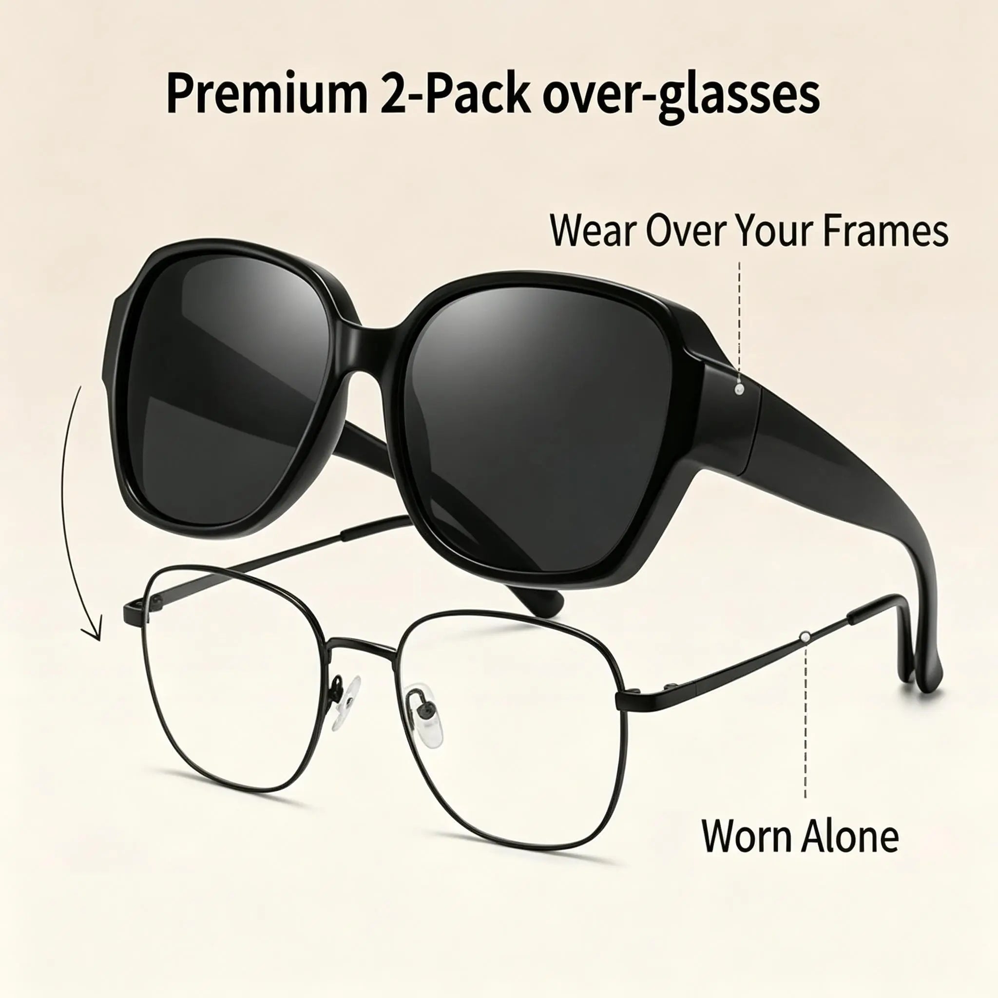 Retro Over-Glasses Sunglasses 2 Pack, Oversized Fit-Over Shades for Men Women, Wear Alone or over Prescription Glasses, Driving & Travel