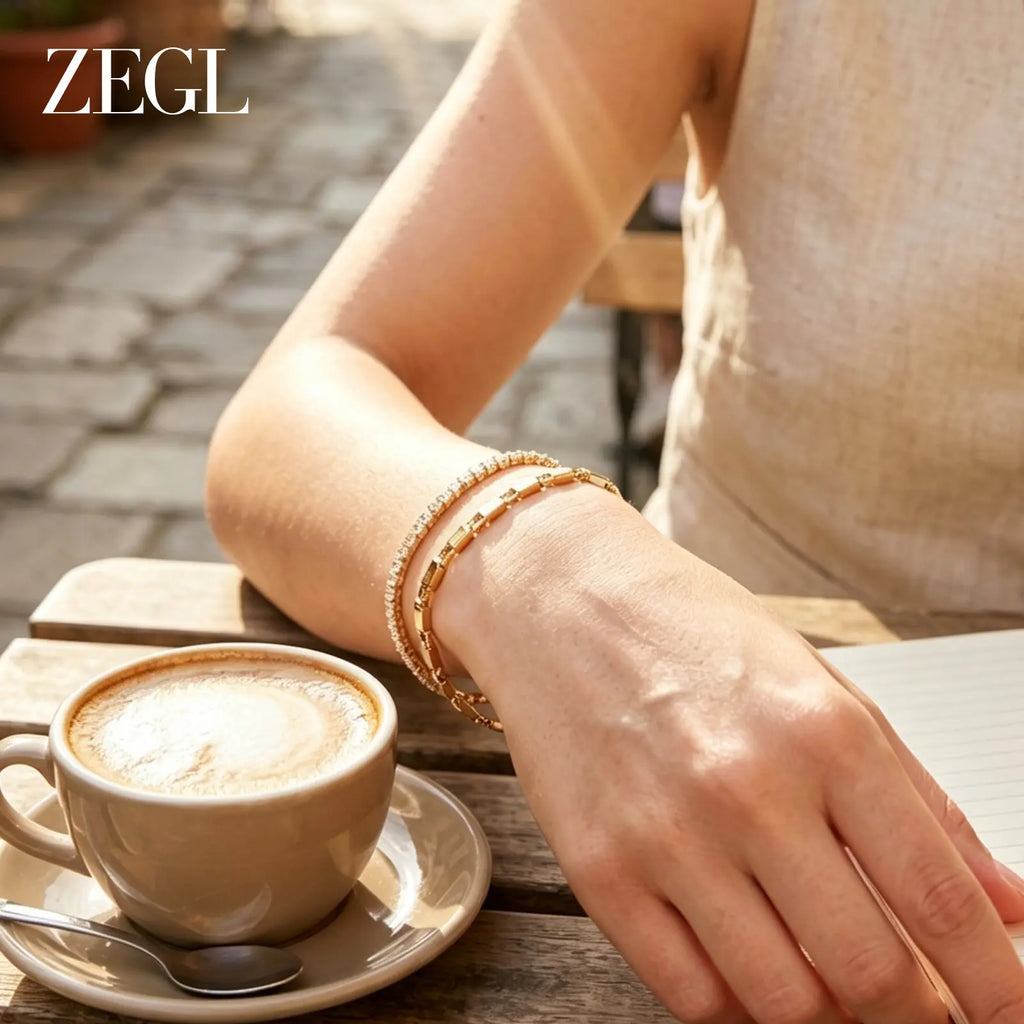 ZEGL 14K Gold Layering Bracelet & Necklace Set (Women'S) — Gold-Plated Textured Chain with Micro-Set Crystal Pendant; a Lucky Talisman and Stylish Gift for 2026 Trends